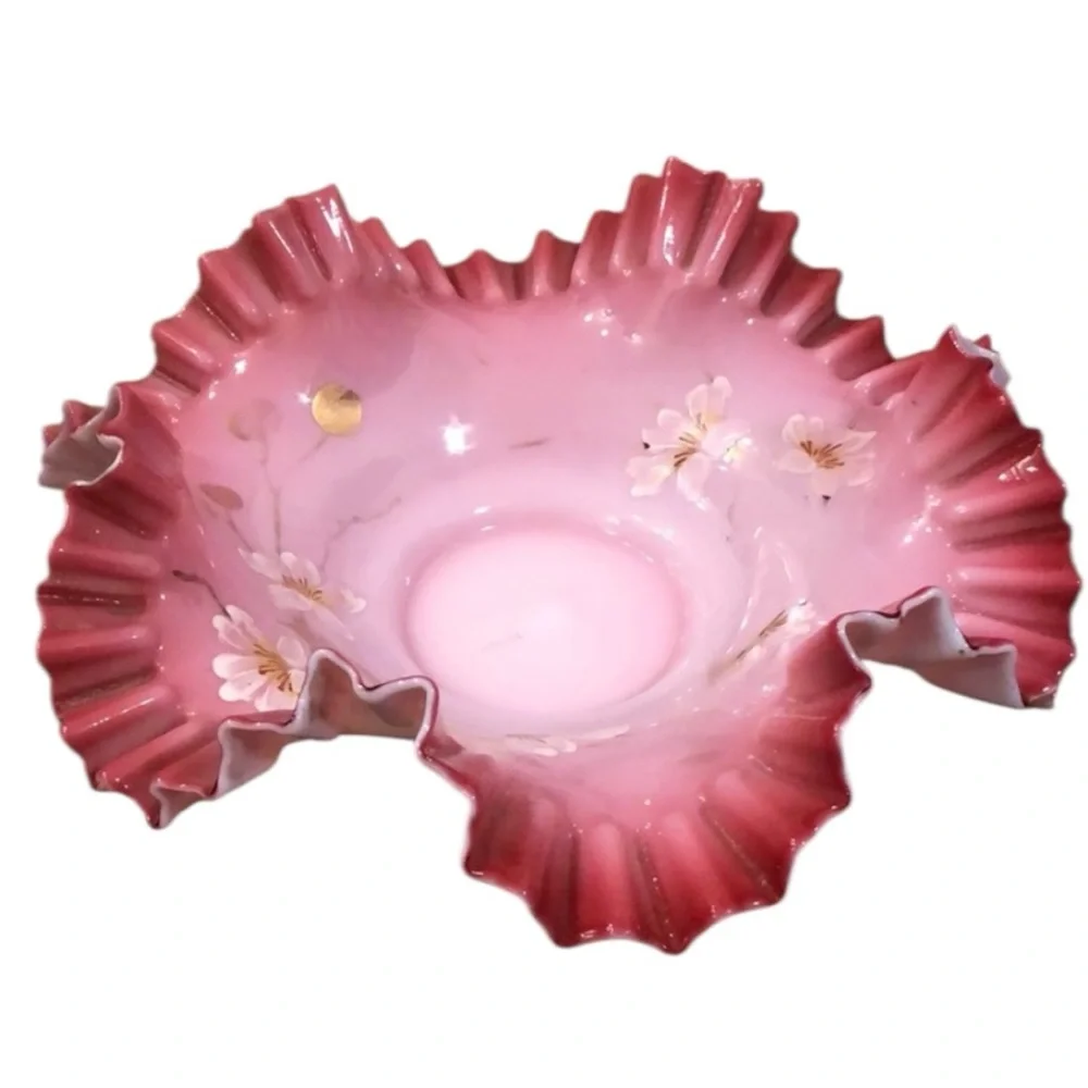 Antique Victorian Hand Painted Pink Ruffled Rim Brides Bowl 10”